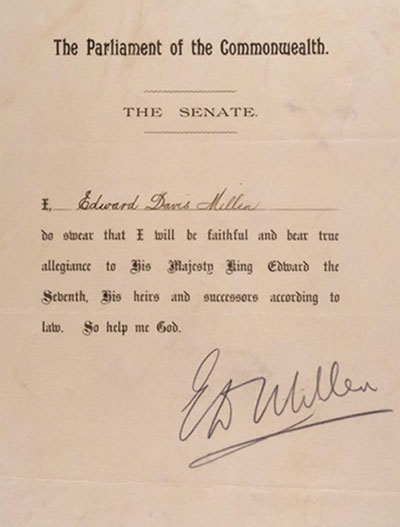 Oath taken by Senator Millen